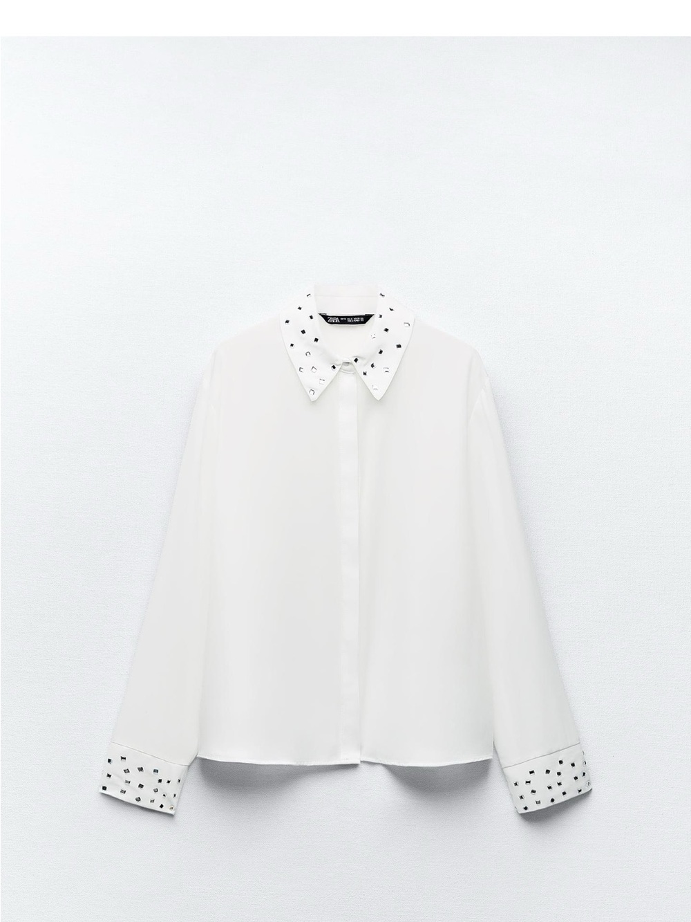 Zara White Button-Down Blouse with Studded Collar & Cuffs